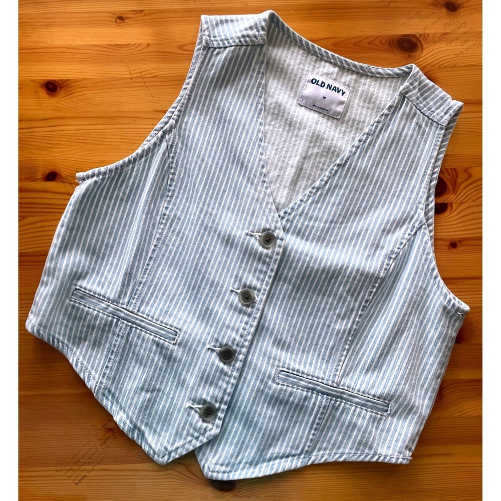 Old Navy Railroad Stripe Button Front Vest 100% Cotton Women's Medium - Picture 2 of 9